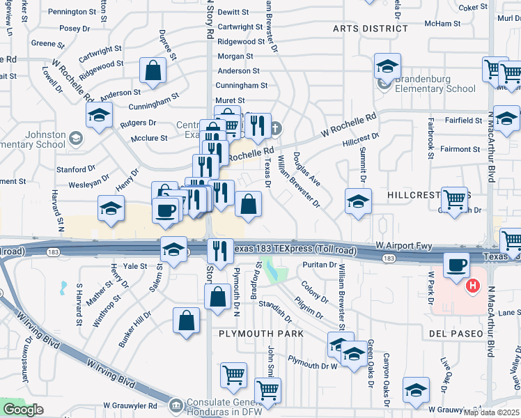 map of restaurants, bars, coffee shops, grocery stores, and more near 2505 Texas Drive in Irving