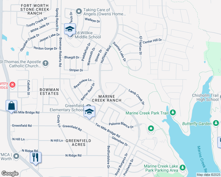 map of restaurants, bars, coffee shops, grocery stores, and more near 6133 Lamb Creek Drive in Fort Worth