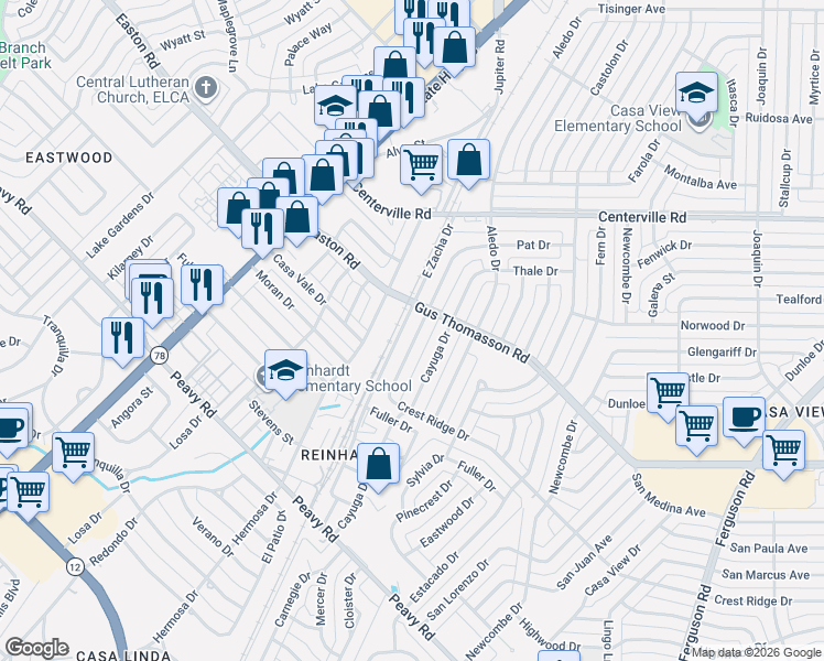 map of restaurants, bars, coffee shops, grocery stores, and more near 10533 Wood Dale Drive in Dallas