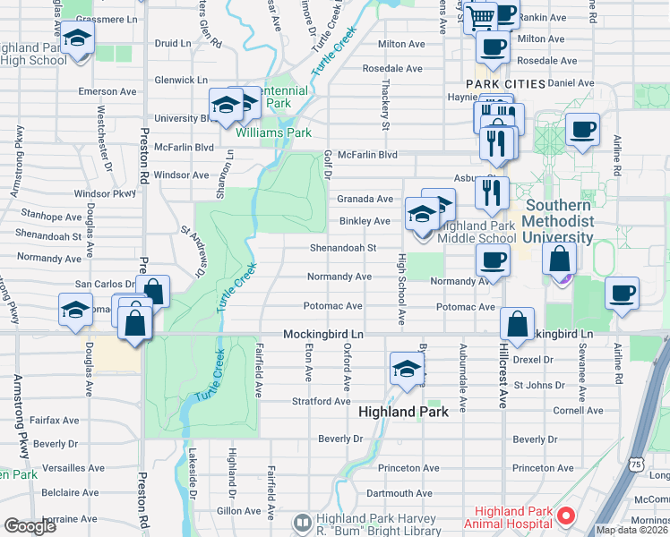 map of restaurants, bars, coffee shops, grocery stores, and more near 3728 Normandy Avenue in Dallas
