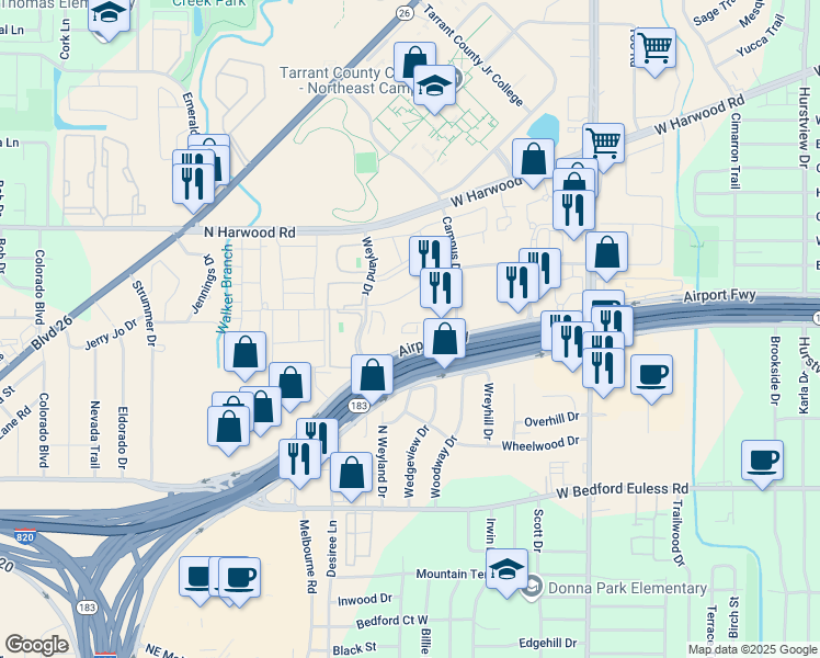 map of restaurants, bars, coffee shops, grocery stores, and more near 9001 Airport Freeway in North Richland Hills