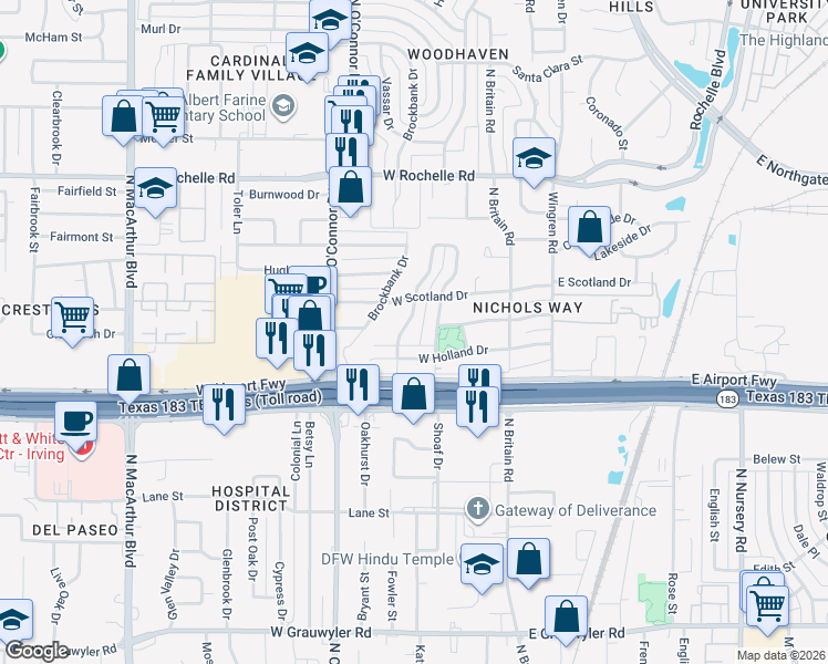 map of restaurants, bars, coffee shops, grocery stores, and more near 2400 West Newton Circle in Irving