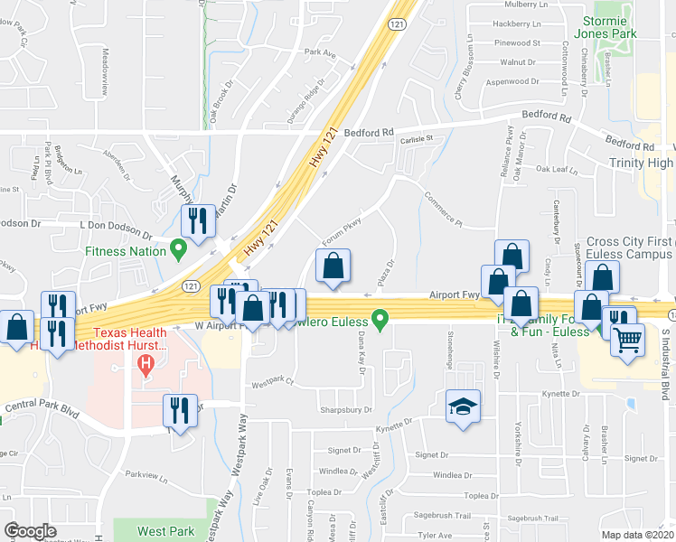 map of restaurants, bars, coffee shops, grocery stores, and more near 3301 Airport Freeway in Bedford
