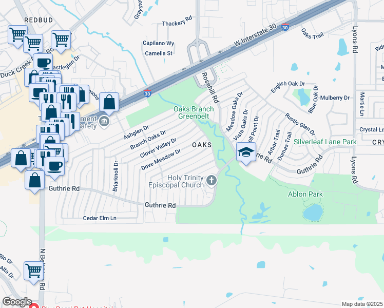 map of restaurants, bars, coffee shops, grocery stores, and more near 2910 Dove Meadow Drive in Garland