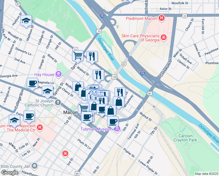 map of restaurants, bars, coffee shops, grocery stores, and more near 577 Walnut Street in Macon
