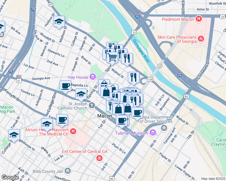 map of restaurants, bars, coffee shops, grocery stores, and more near 770 Mulberry Street in Macon