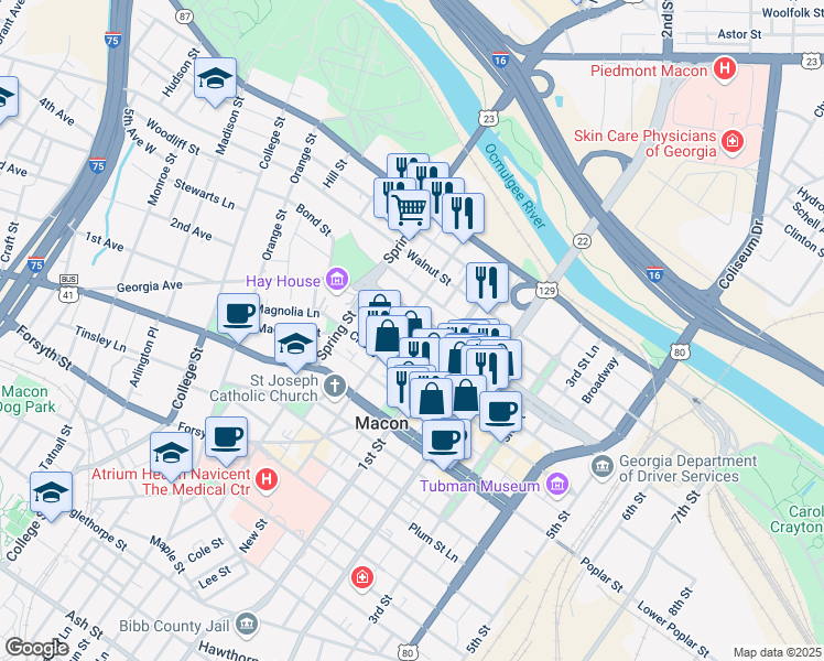 map of restaurants, bars, coffee shops, grocery stores, and more near 770 Mulberry Street in Macon
