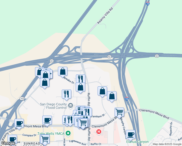 map of restaurants, bars, coffee shops, grocery stores, and more near 5775 Ruffin Road in San Diego