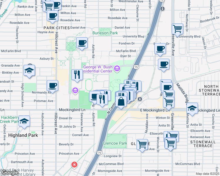 map of restaurants, bars, coffee shops, grocery stores, and more near 2900 Bush Avenue in Dallas