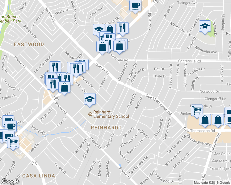 map of restaurants, bars, coffee shops, grocery stores, and more near 10610 Hermosa Drive in Dallas