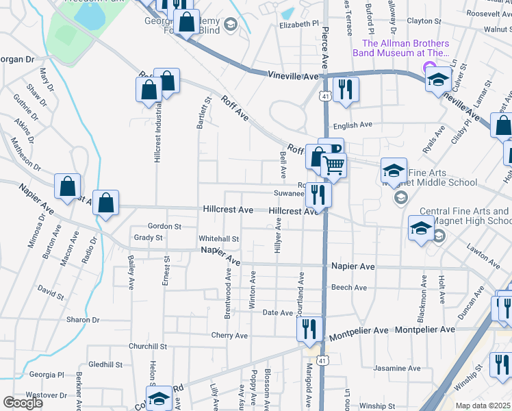 map of restaurants, bars, coffee shops, grocery stores, and more near 2733 Hillcrest Avenue in Macon