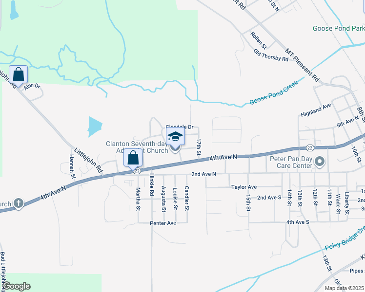 map of restaurants, bars, coffee shops, grocery stores, and more near 1710 Glendale Drive in Clanton