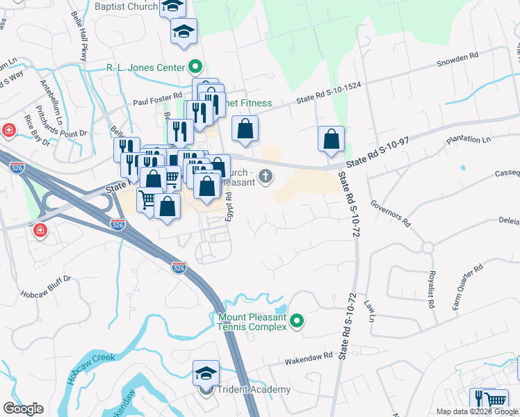 map of restaurants, bars, coffee shops, grocery stores, and more near 732 Ginglis Way in Mount Pleasant