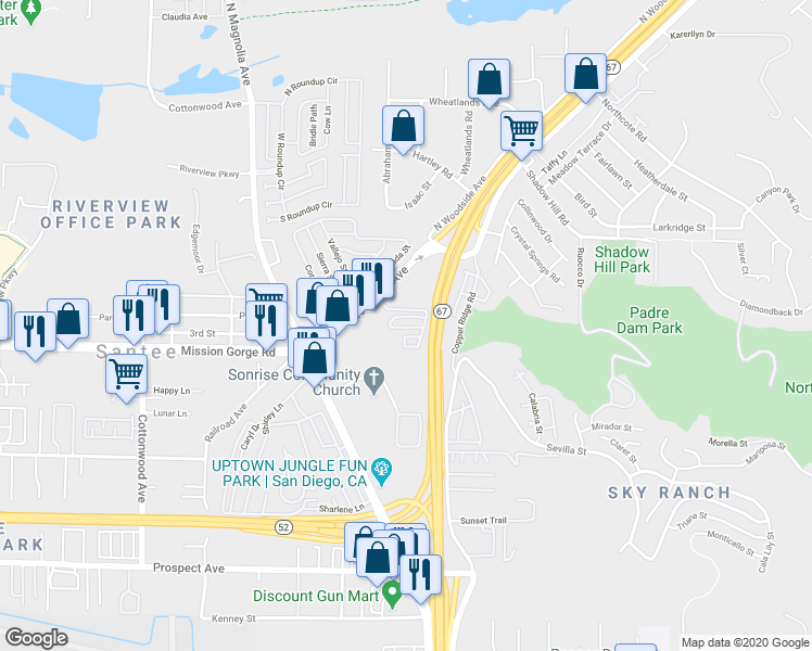 map of restaurants, bars, coffee shops, grocery stores, and more near in Santee