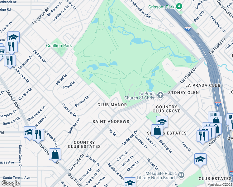 map of restaurants, bars, coffee shops, grocery stores, and more near 4123 Manorview Lane in Dallas