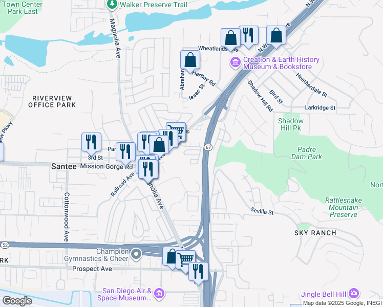 map of restaurants, bars, coffee shops, grocery stores, and more near 10794 Jeanne Terrace in Santee