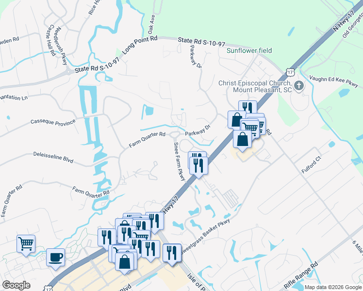 map of restaurants, bars, coffee shops, grocery stores, and more near 1149 Monaco Drive in Mount Pleasant