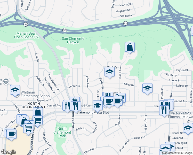 map of restaurants, bars, coffee shops, grocery stores, and more near 4694 Firestone Street in San Diego