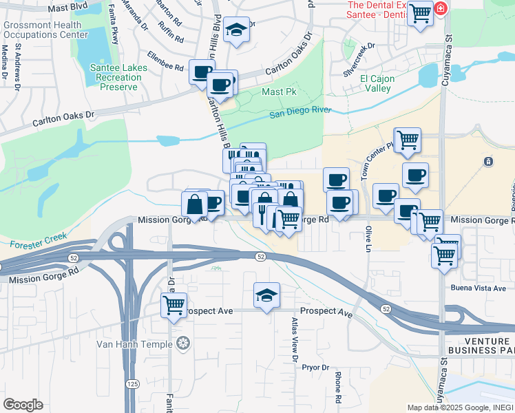 map of restaurants, bars, coffee shops, grocery stores, and more near 8915 Carlton Hills Boulevard in Santee