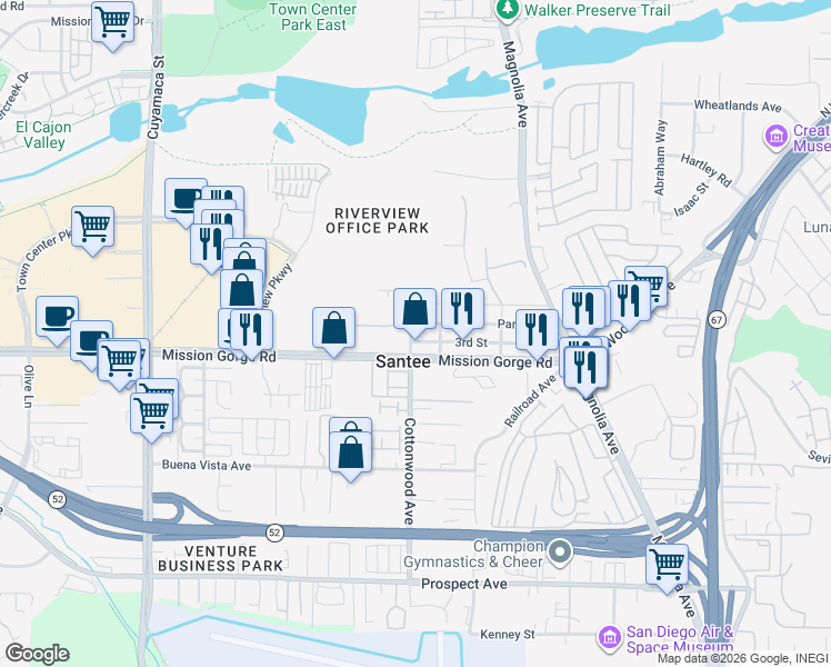 map of restaurants, bars, coffee shops, grocery stores, and more near 8925 Cottonwood Avenue in Santee