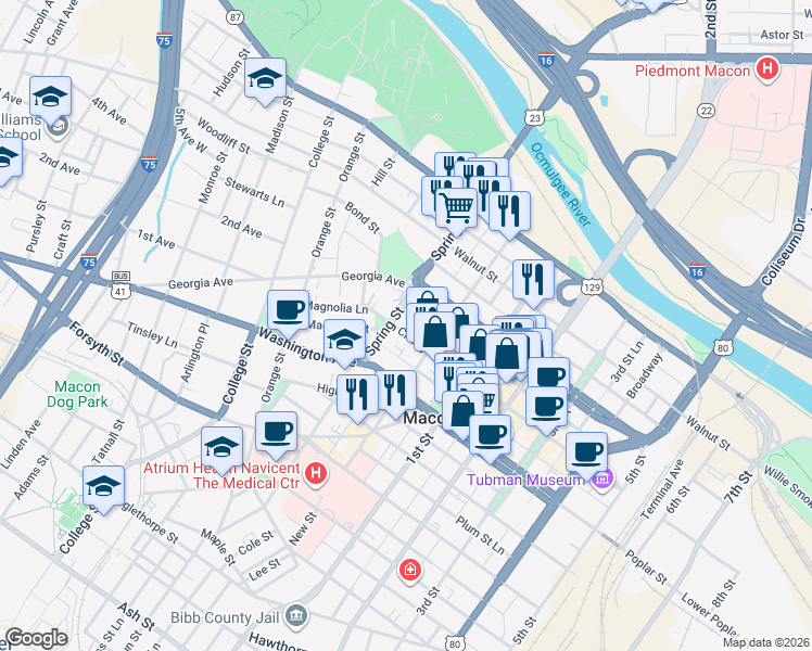map of restaurants, bars, coffee shops, grocery stores, and more near 853 Spring Street Lane in Macon