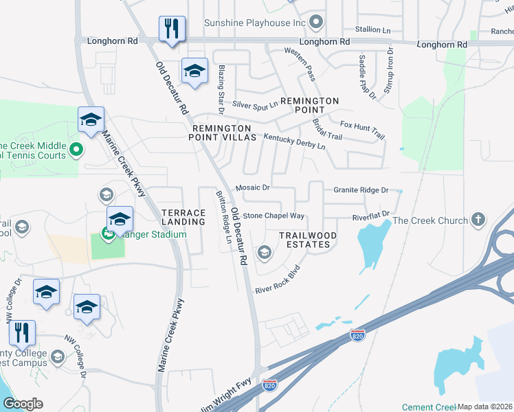 map of restaurants, bars, coffee shops, grocery stores, and more near 5333 Lava Rock Drive in Fort Worth