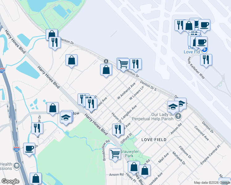 map of restaurants, bars, coffee shops, grocery stores, and more near 2318 Brookfield Avenue in Dallas