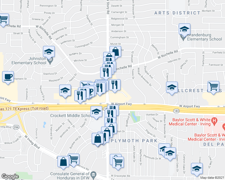 map of restaurants, bars, coffee shops, grocery stores, and more near 2400 North Story Road in Irving