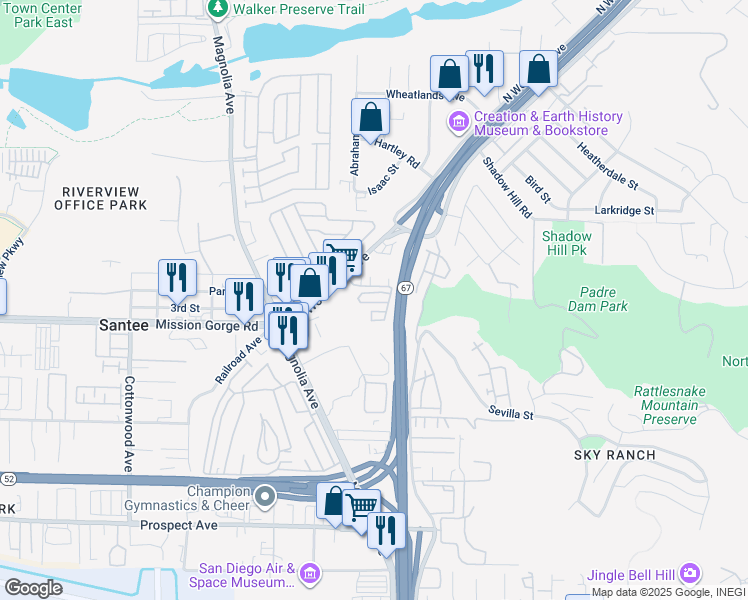 map of restaurants, bars, coffee shops, grocery stores, and more near 10795 Andrea Terrace in Santee