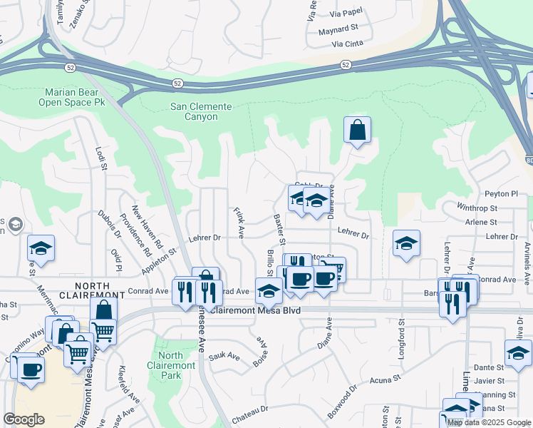 map of restaurants, bars, coffee shops, grocery stores, and more near 4694 Firestone Street in San Diego