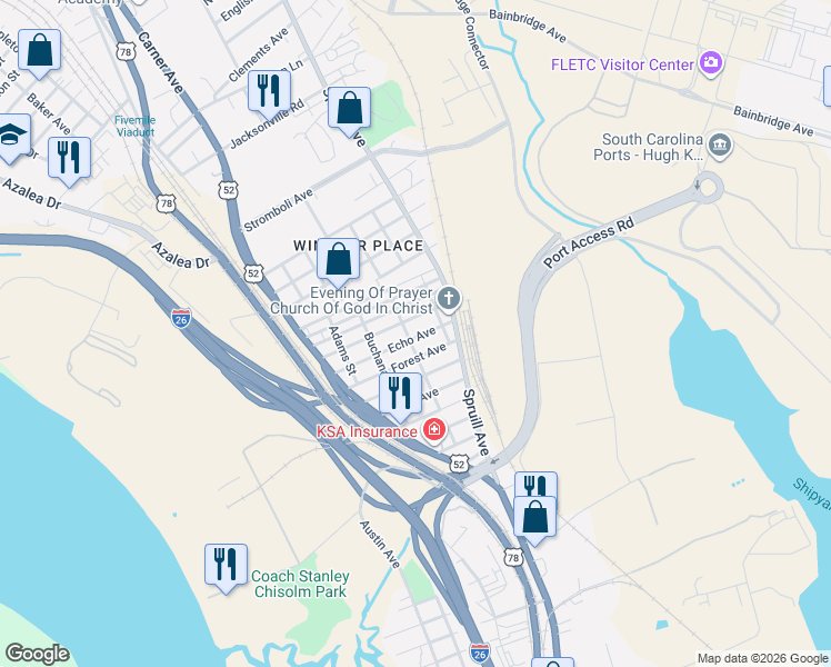 map of restaurants, bars, coffee shops, grocery stores, and more near 1991 Delaware Avenue in North Charleston