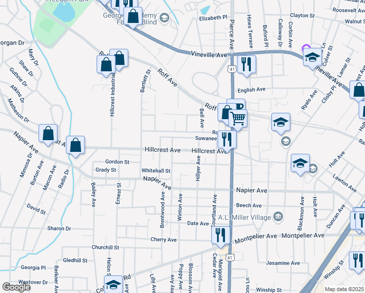 map of restaurants, bars, coffee shops, grocery stores, and more near 2733 Hillcrest Avenue in Macon