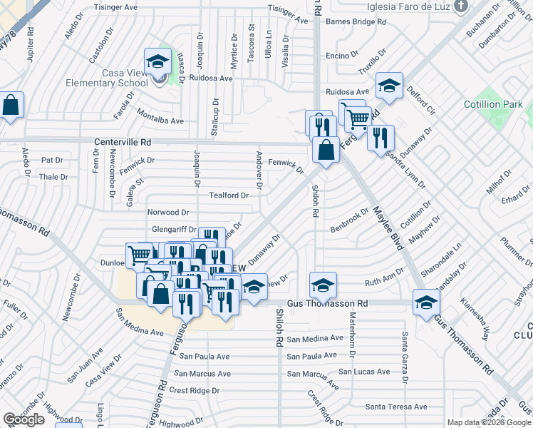 map of restaurants, bars, coffee shops, grocery stores, and more near 10512 Andover Drive in Dallas
