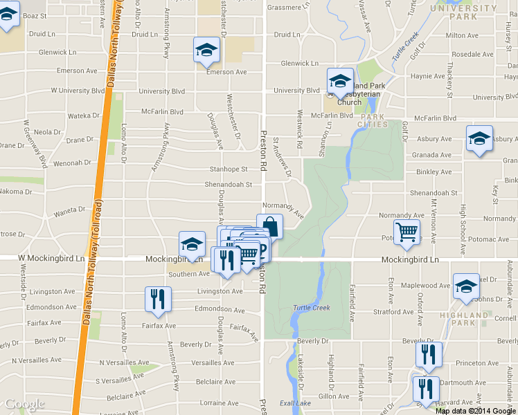 map of restaurants, bars, coffee shops, grocery stores, and more near 4015 Normandy Avenue in Dallas