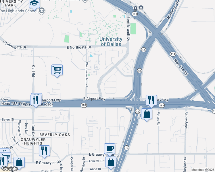 map of restaurants, bars, coffee shops, grocery stores, and more near 3122-3248 Tom Braniff Drive in Irving