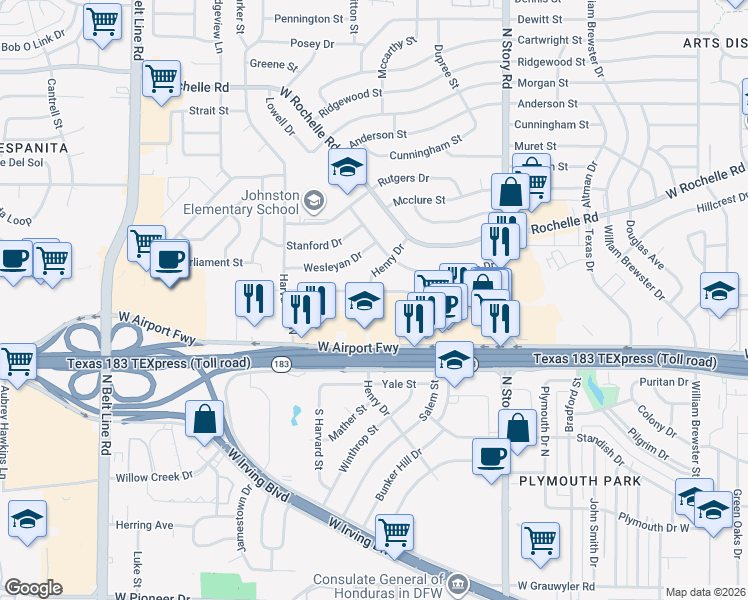 map of restaurants, bars, coffee shops, grocery stores, and more near 2702 Syracuse Drive in Irving