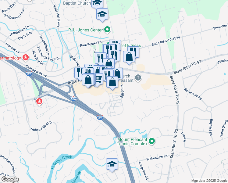 map of restaurants, bars, coffee shops, grocery stores, and more near 664 Long Point Road in Mount Pleasant