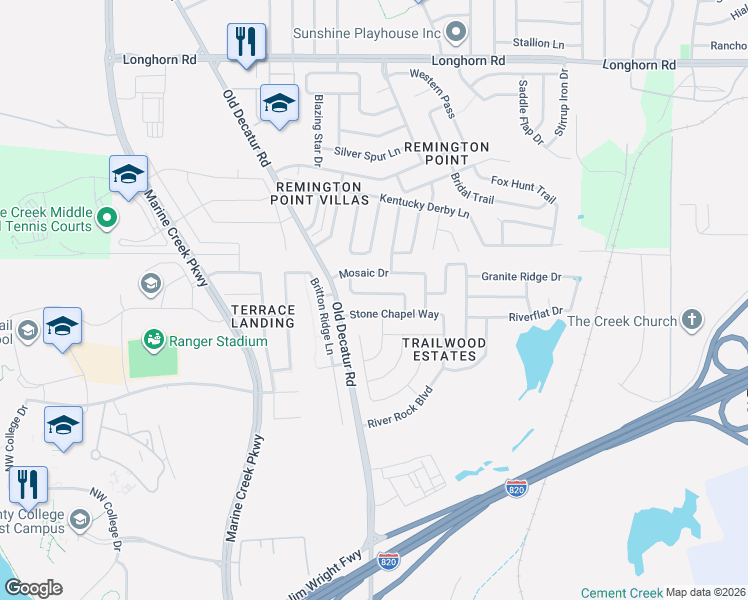 map of restaurants, bars, coffee shops, grocery stores, and more near 5329 Lava Rock Drive in Fort Worth