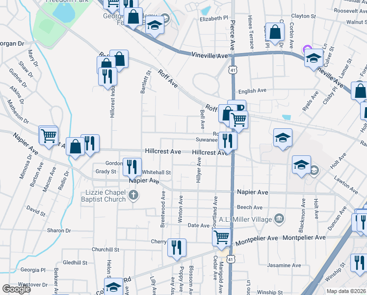 map of restaurants, bars, coffee shops, grocery stores, and more near 2733 Hillcrest Avenue in Macon