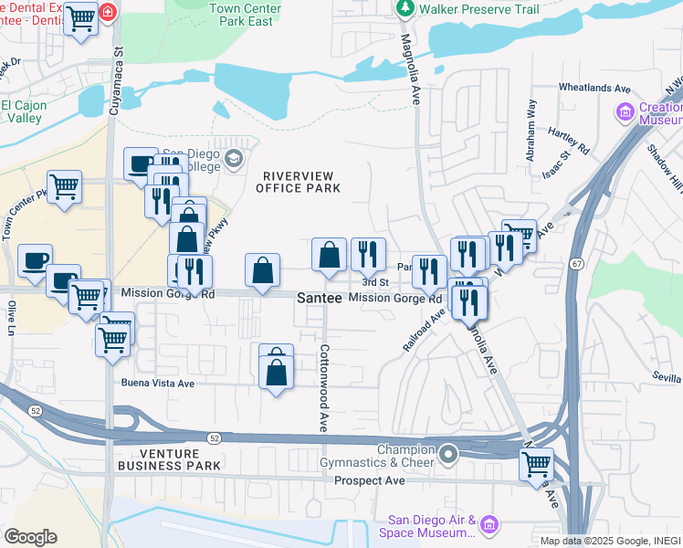 map of restaurants, bars, coffee shops, grocery stores, and more near 10321 Park Avenue in Santee