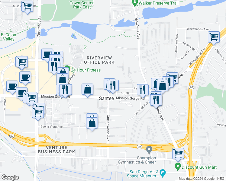 map of restaurants, bars, coffee shops, grocery stores, and more near 10319 Park Avenue in Santee