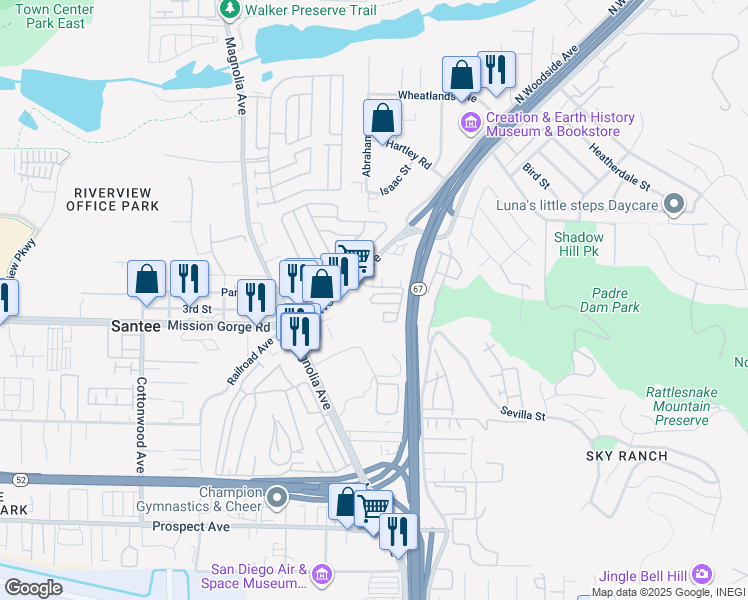 map of restaurants, bars, coffee shops, grocery stores, and more near 10776 Tamar Terrace in Santee
