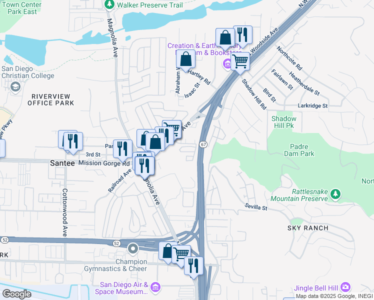 map of restaurants, bars, coffee shops, grocery stores, and more near in Santee