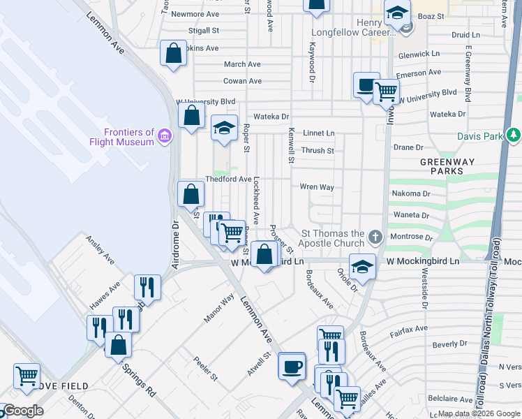 map of restaurants, bars, coffee shops, grocery stores, and more near 6632 Lockheed Avenue in Dallas