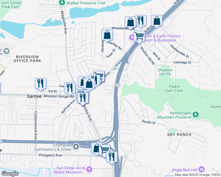 map of restaurants, bars, coffee shops, grocery stores, and more near 10792 Tamar Terrace in Santee