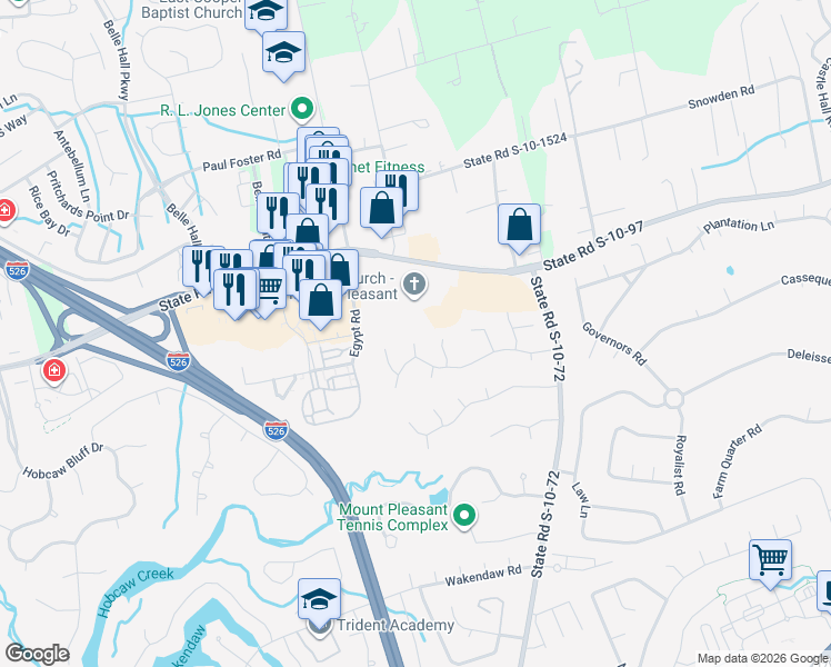 map of restaurants, bars, coffee shops, grocery stores, and more near 732 Ginglis Way in Mount Pleasant