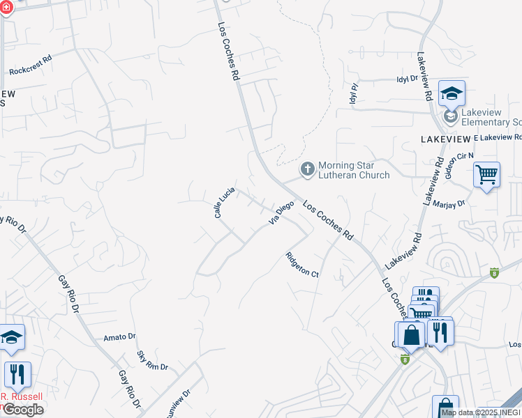 map of restaurants, bars, coffee shops, grocery stores, and more near 9070 Calle Lucia in Lakeside