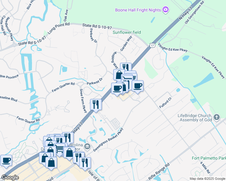 map of restaurants, bars, coffee shops, grocery stores, and more near 2125 U.S. 17 in Mount Pleasant