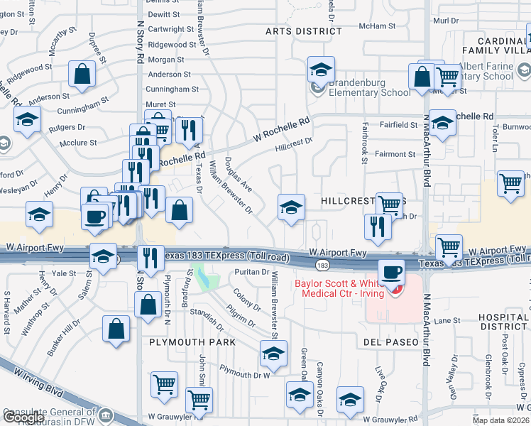 map of restaurants, bars, coffee shops, grocery stores, and more near 2400 Douglas Avenue in Irving