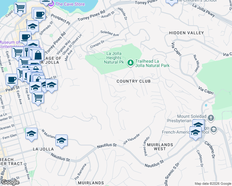 map of restaurants, bars, coffee shops, grocery stores, and more near 7258 Carrizo Drive in San Diego